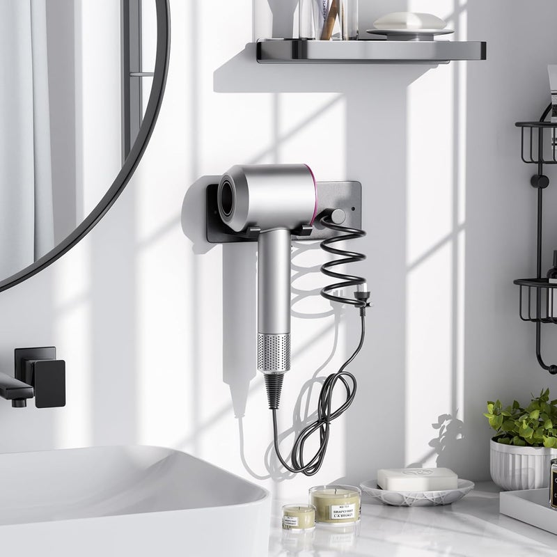 Tindbea Hair Dryer Holder + Curling Iron Holder,Blow Dryer Holder Wall Mount, Bathroom Hair Tool Organizer Rack for Universal Dryer Matte Black - Image 2